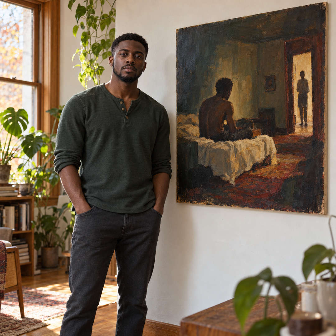 Carlos stands beside his finished painting: a solitary figure in a room and a smaller figure waiting in its doorway.