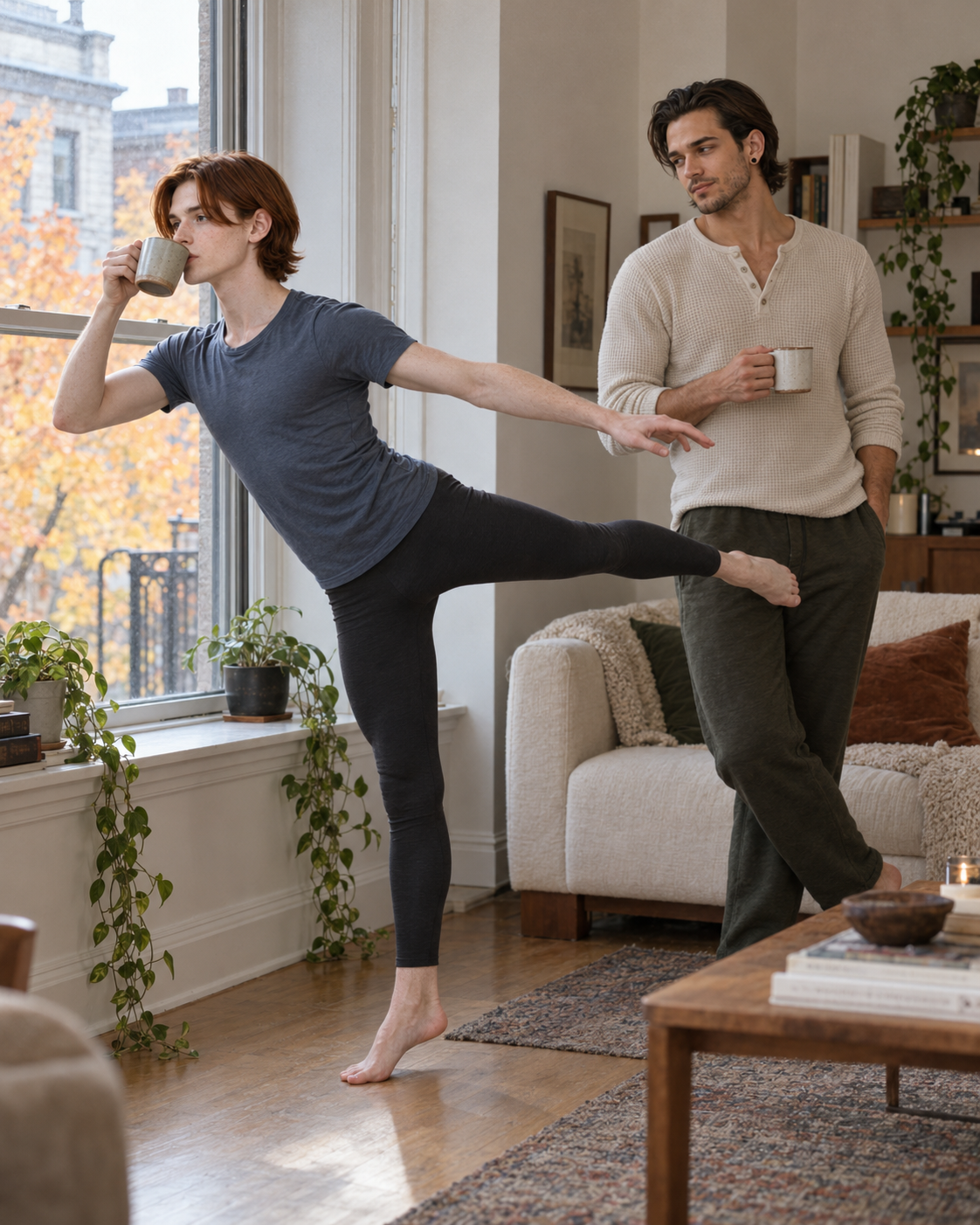 Finn drinks coffee while balancing in a low arabesque beside Julian at the living-room window.
