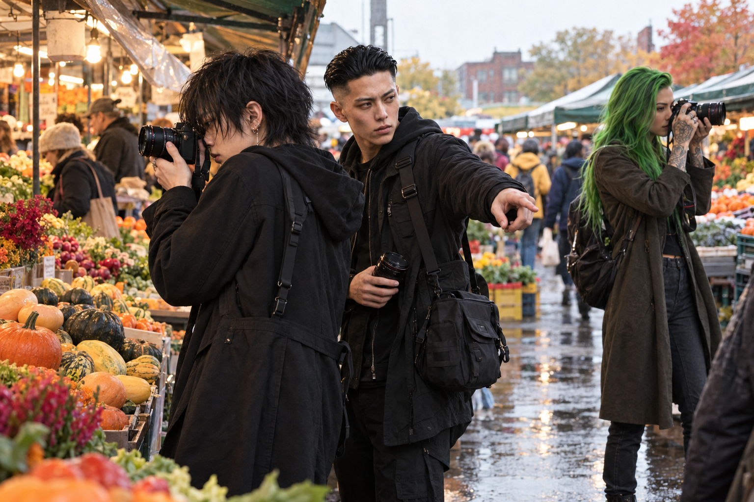 Mori photographs a produce stall while Taka points out a detail and Randi shoots independently along the busy market aisle.