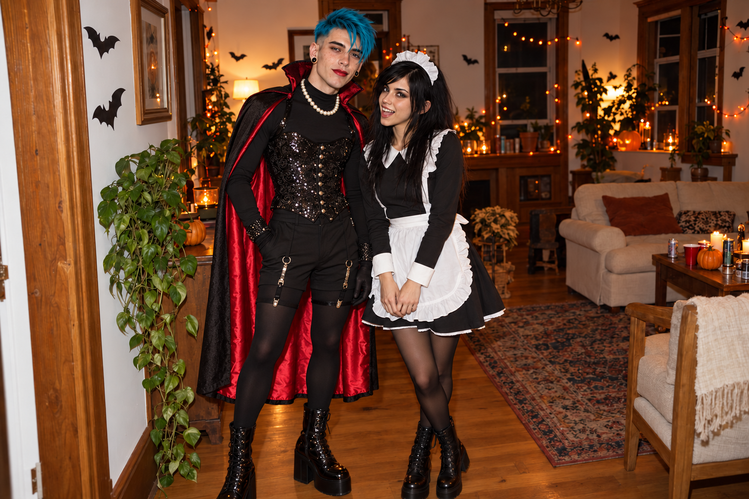 N30N in a Frank-N-Furter-inspired stage costume with corset, cape and platforms beside Ash as Magenta.