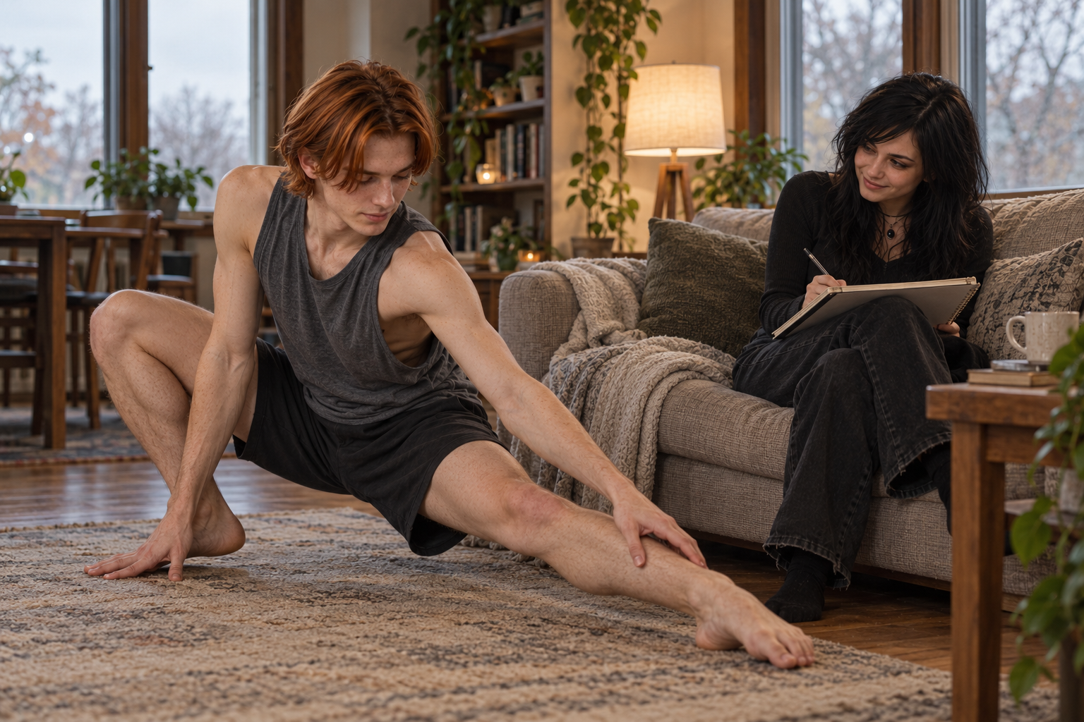 Finn stretches on the living-room floor while Ash sketches from the couch with a mug of tea beside her.