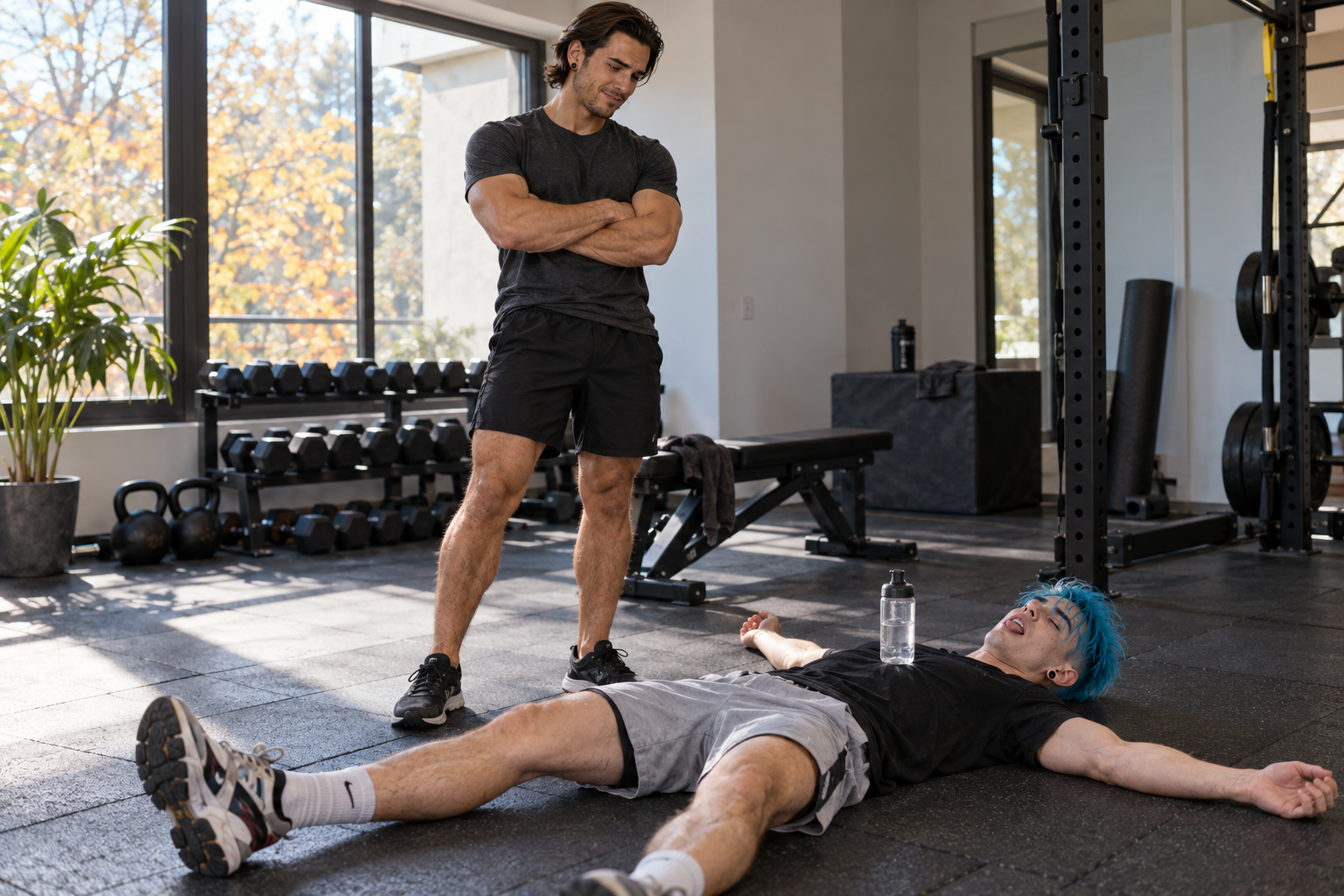 N30N lies exhausted on the gym floor with a water bottle on his chest while Julian stands beside him with his arms crossed.