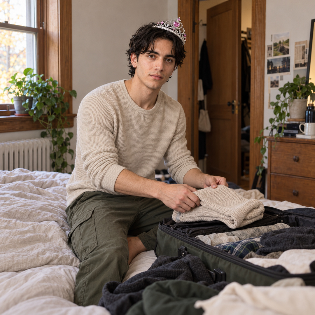 Dustin packs an open suitcase on the bed while wearing the Halloween tiara and an oatmeal knit shirt.