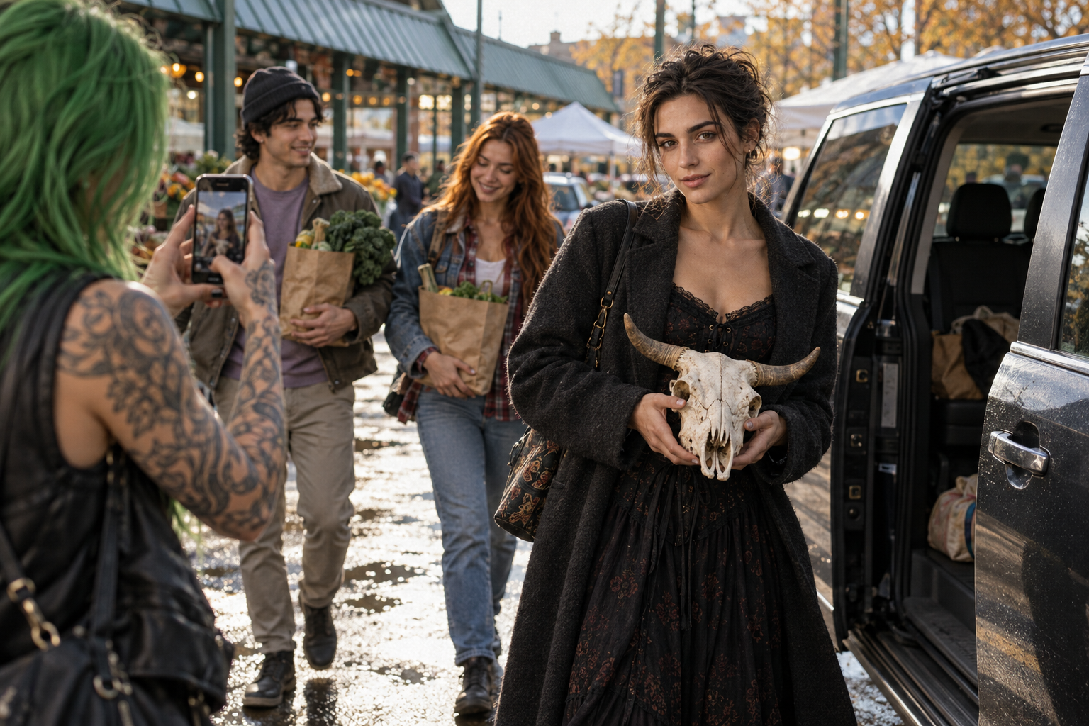 Eva carries a small decorative cow skull beside the market van as Randi photographs her, with Dustin and RJ carrying groceries behind.