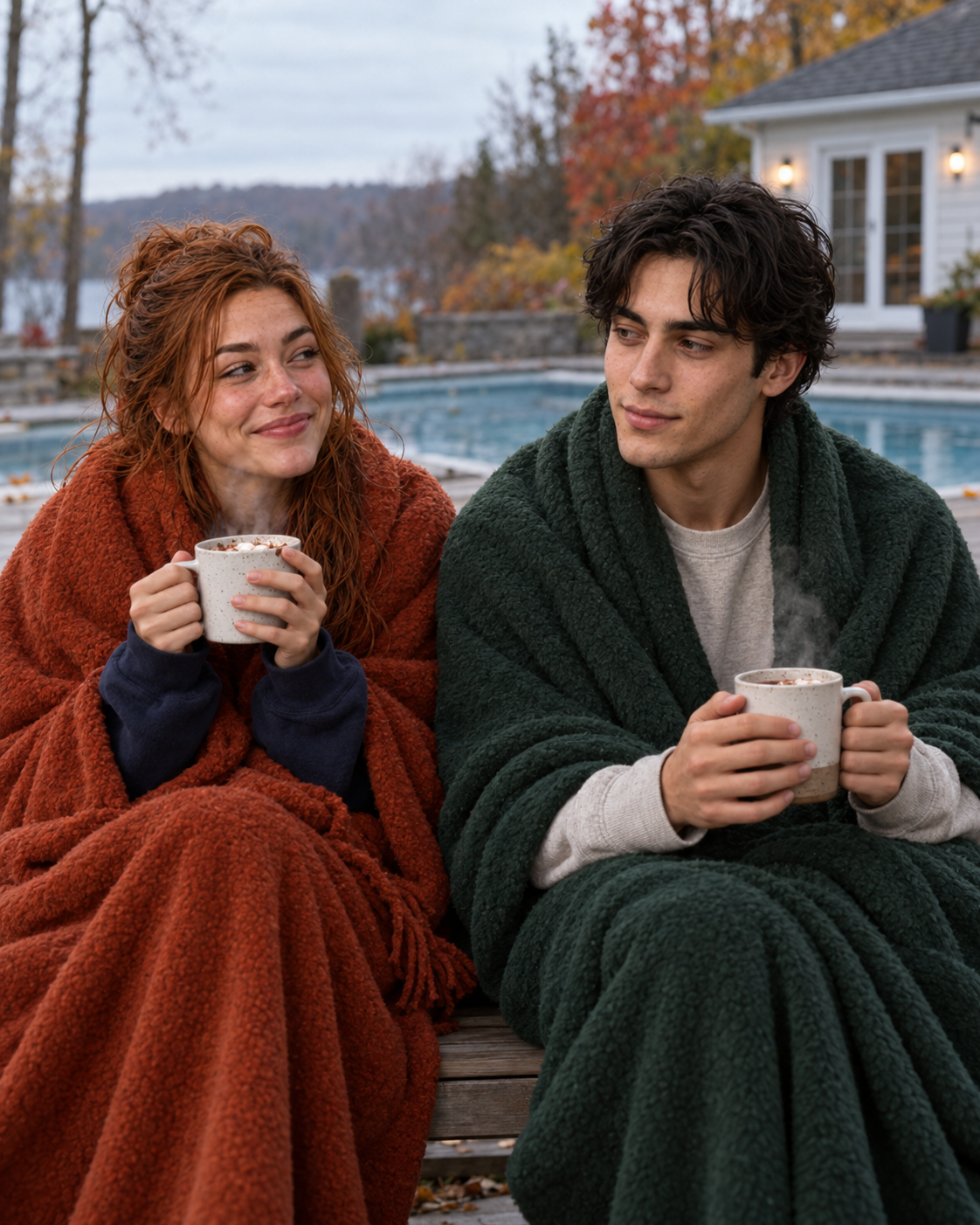 RJ and Dustin warm up in blankets with hot chocolate beside the pool after the polar plunge.