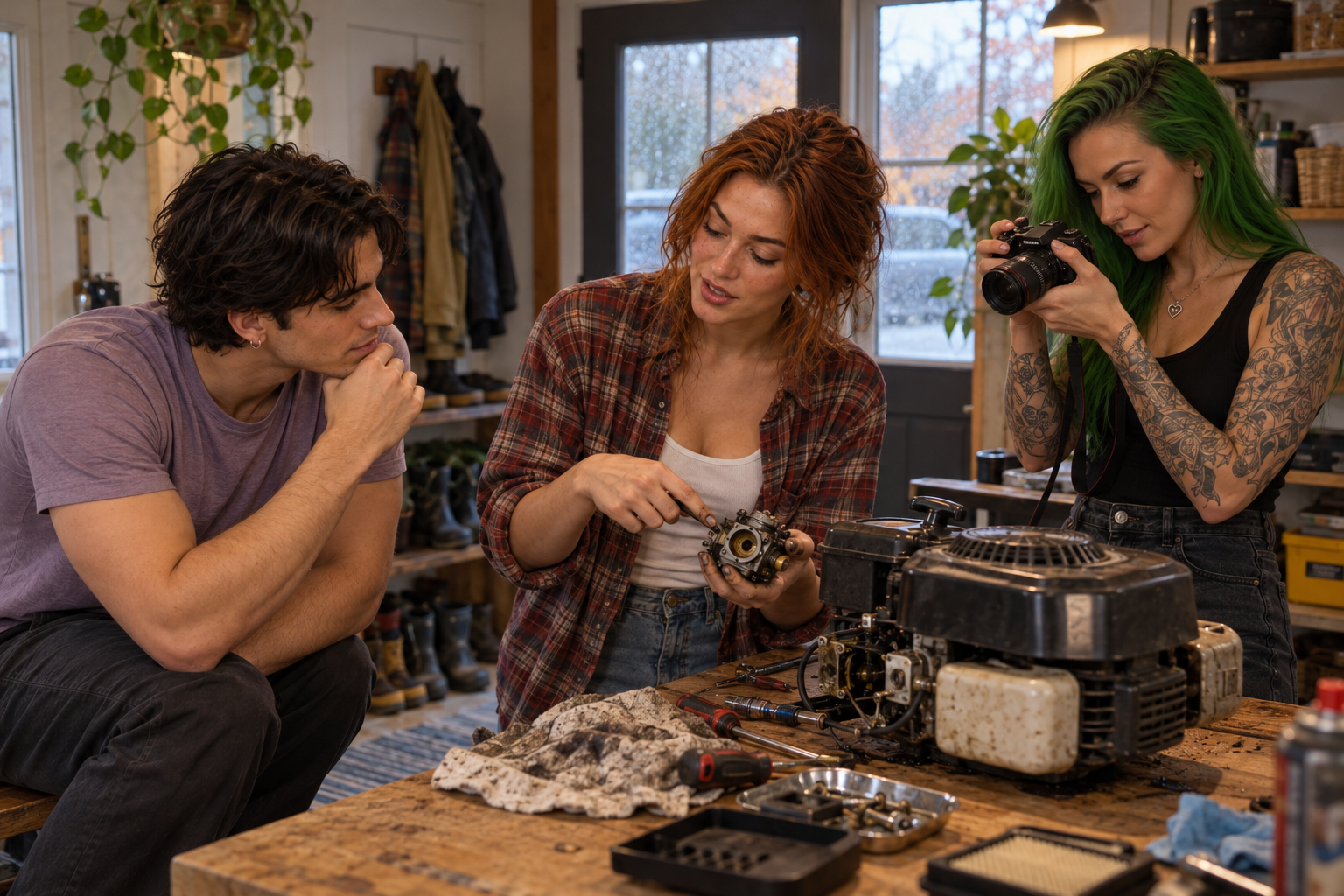 RJ explains a small engine to an attentive Dustin while Randi photographs her grease-marked hands in the mudroom.