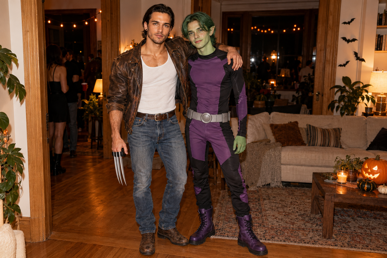 Julian as Wolverine with Finn in a green Beast Boy costume.