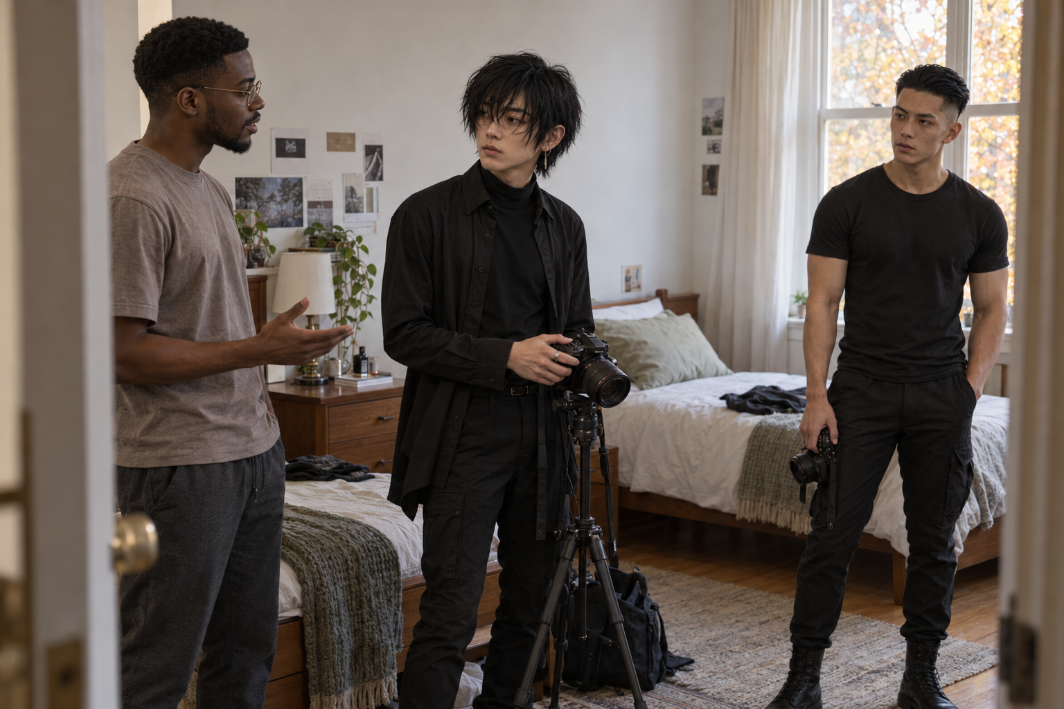 Carlos offers a second eye on a frame to Mori in Eva’s twin bedroom while Taka quietly observes.