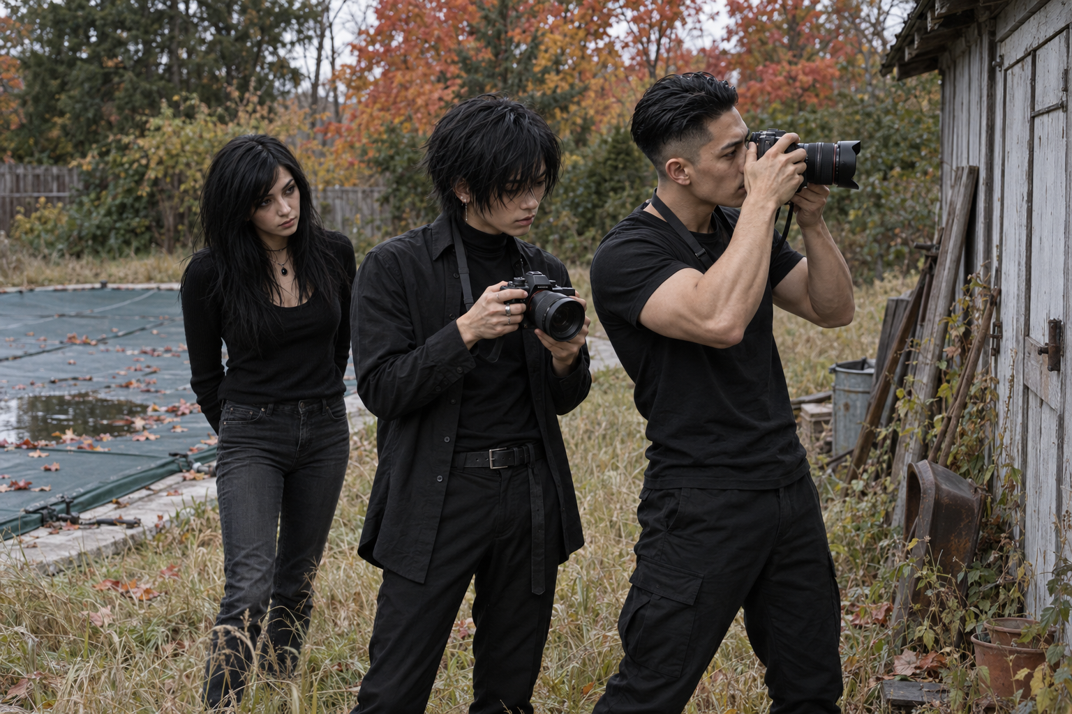 Taka photographs the autumn property while Mori checks a camera and Ash watches.