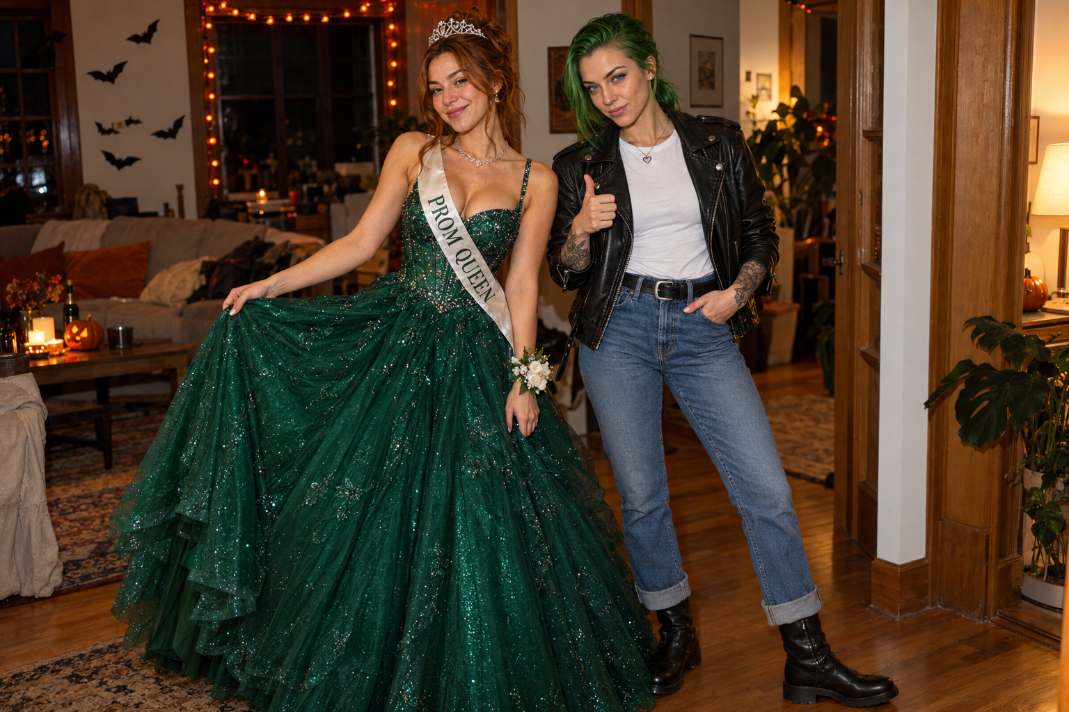 RJ in her emerald prom-queen ball gown beside Randi in a 1950s greaser outfit.