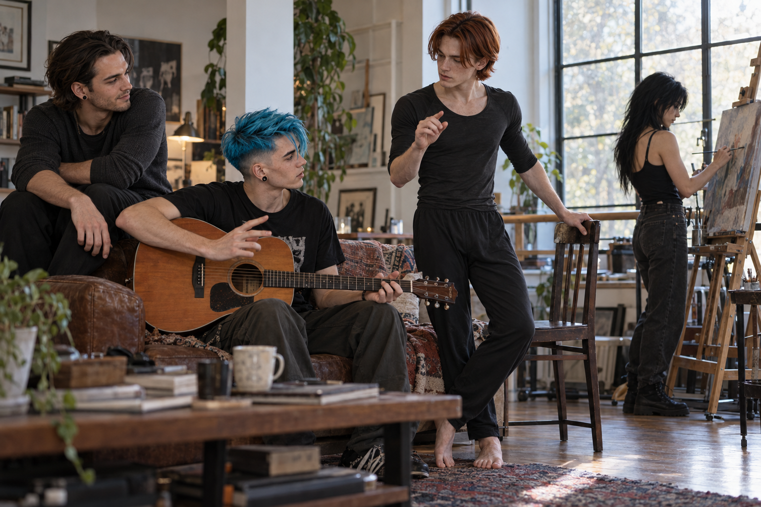 N30N holds a guitar while Finn marks a beat beside a practice chair, Julian watches from the couch arm, and Ash paints by the window.