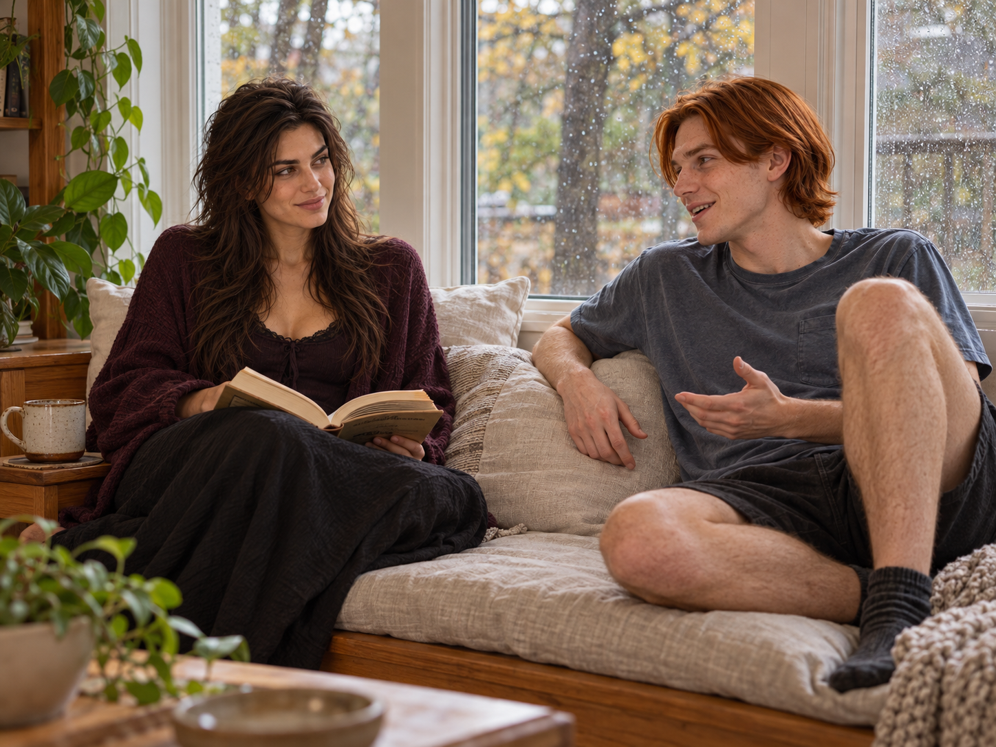 Eva sits with a book and tea in the living-room window seat, talking comfortably with Finn after the rain.
