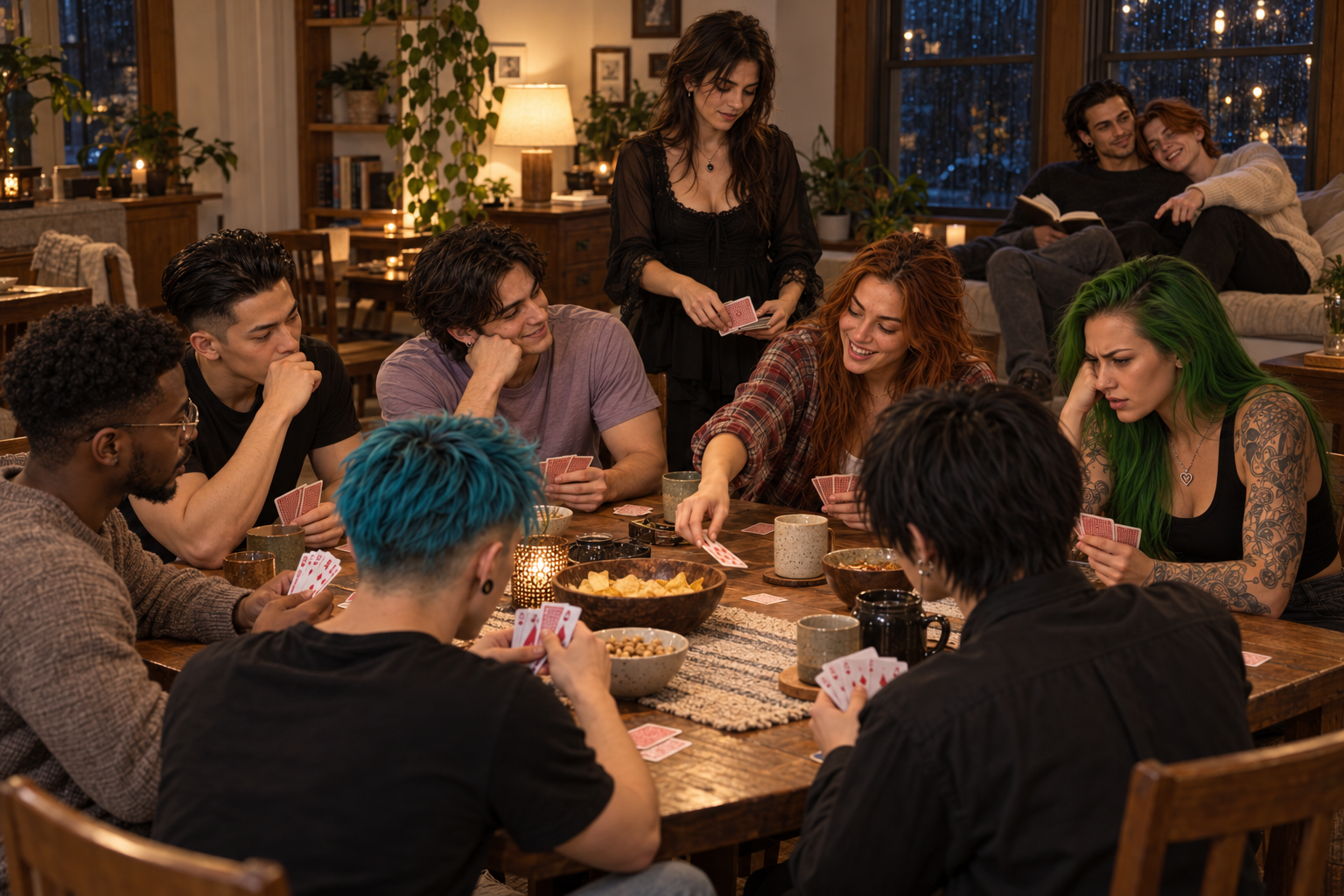 Randi studies her cards as RJ grins across a crowded dining table, with the house gathered for a rainy evening card game.