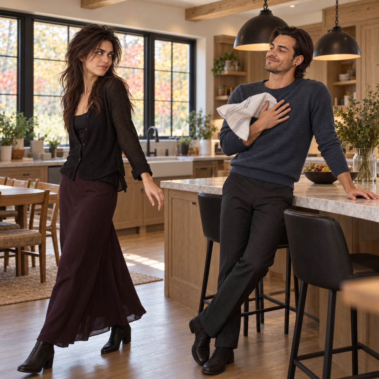Eva walks away as Julian catches a dish towel during their kitchen exchange.