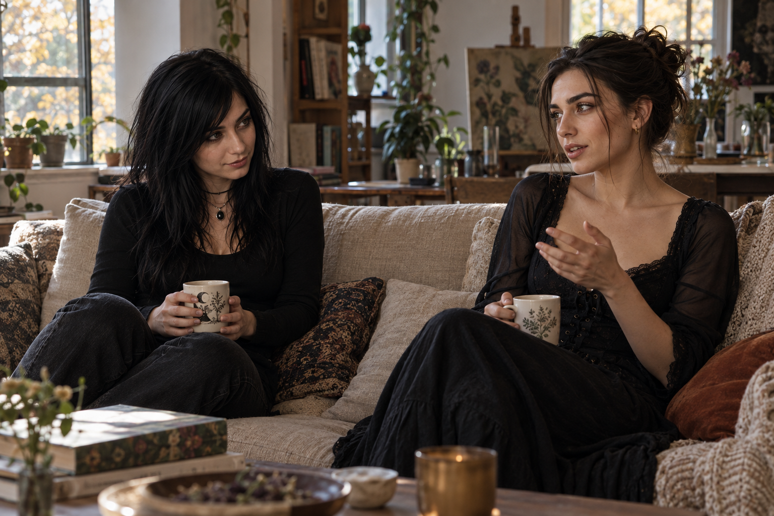Ash and Eva sit on the couch with tea.