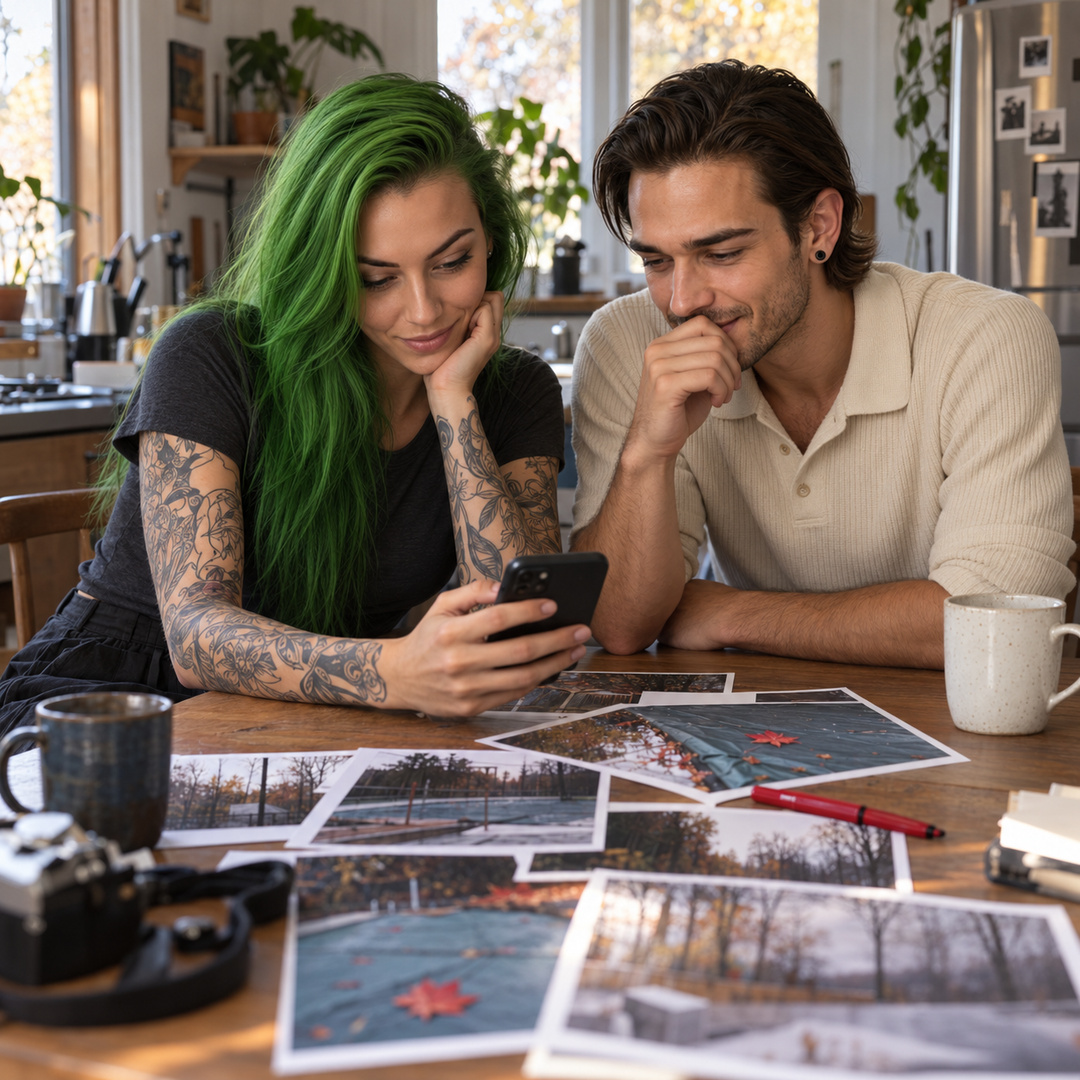 Randi and Julian review one phone together at a wooden table scattered with contact sheets and a red pen.