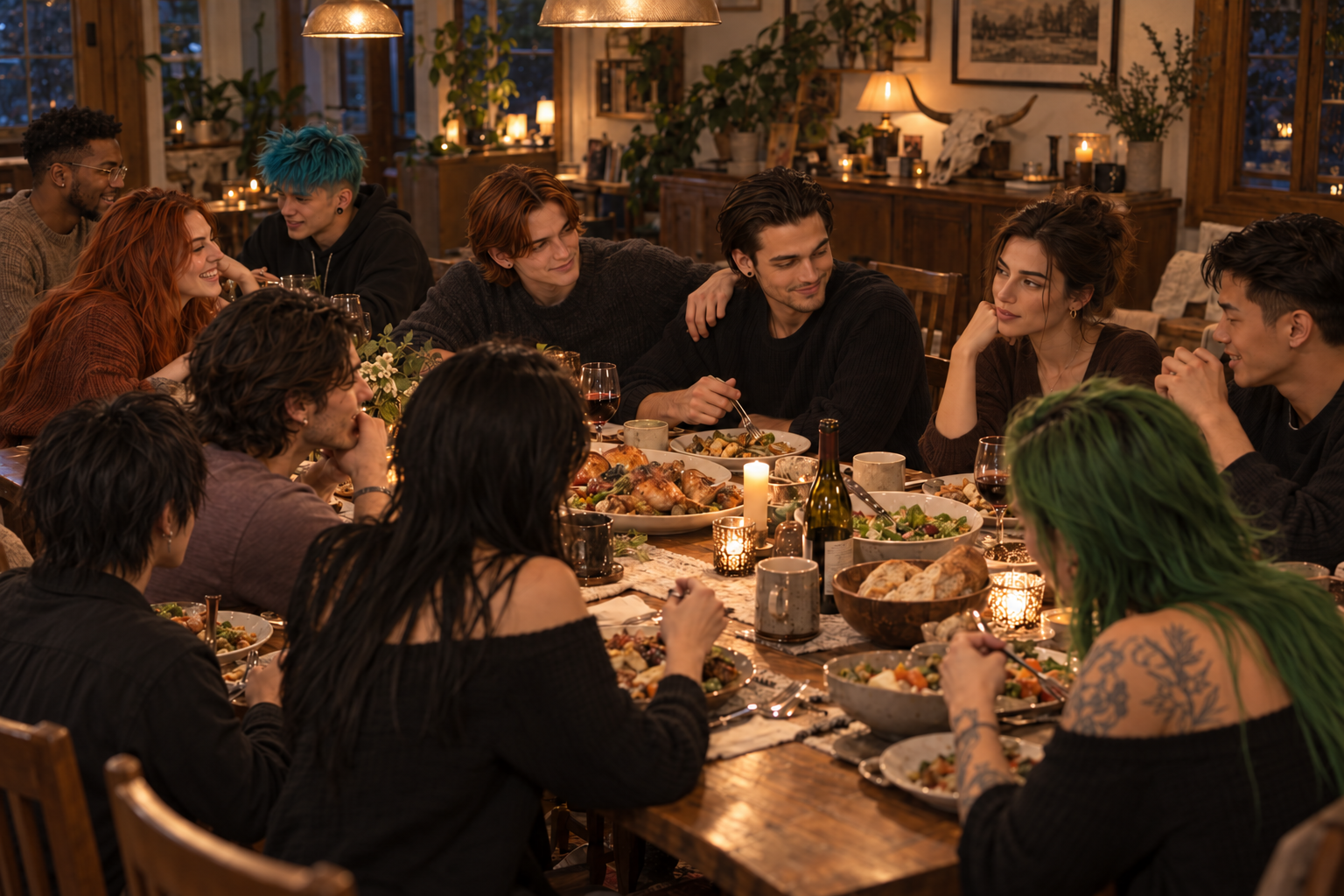 All eleven residents share roast chicken and market vegetables at the dining table, with Finn leaning toward Julian and Eva listening across from them.