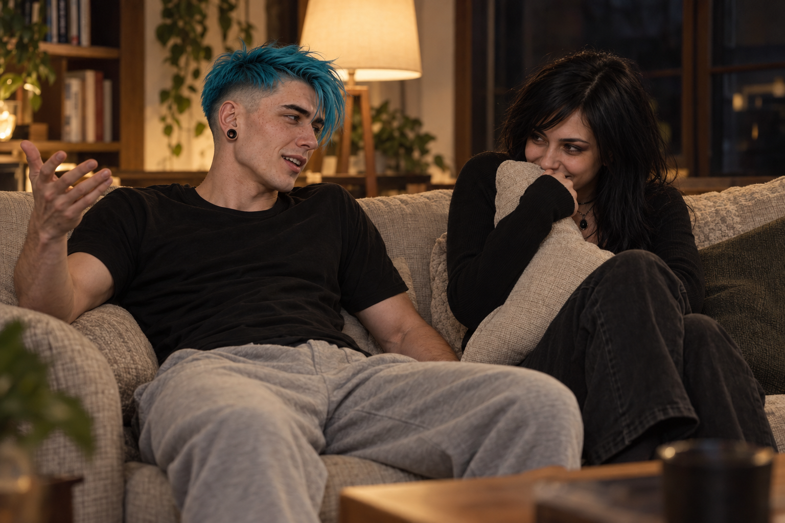 A sore N30N recounts his workout on the couch while Ash grins into a pillow beside him.