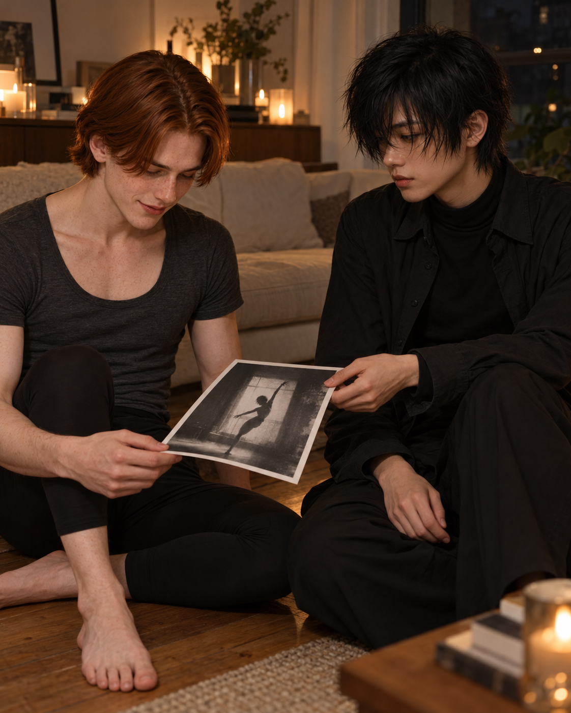 Mori gives Finn a photograph of his silhouette rehearsing behind the pool-house window.