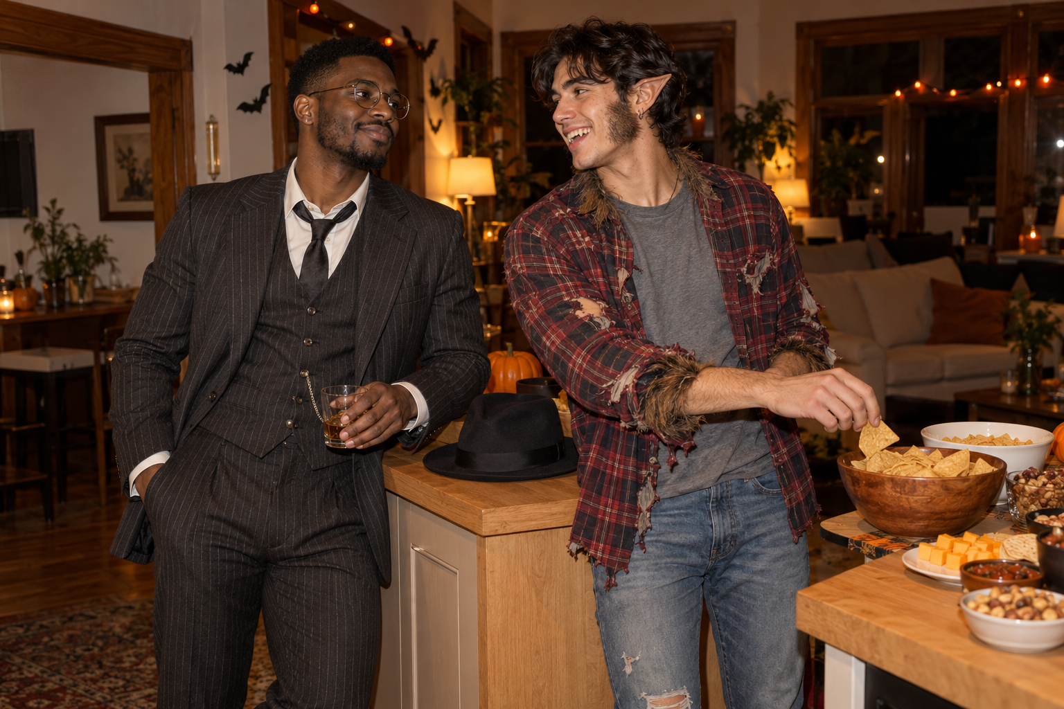 Carlos in a pinstripe three-piece suit beside half-werewolf Dustin at the party snack counter.