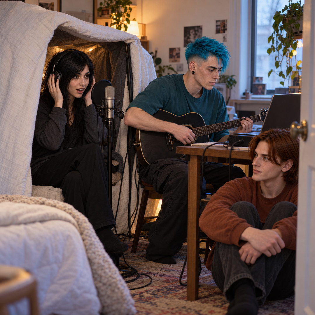 Ash listens at a microphone inside a duvet booth while N30N works at a laptop with a guitar and Finn listens from the floor outside.