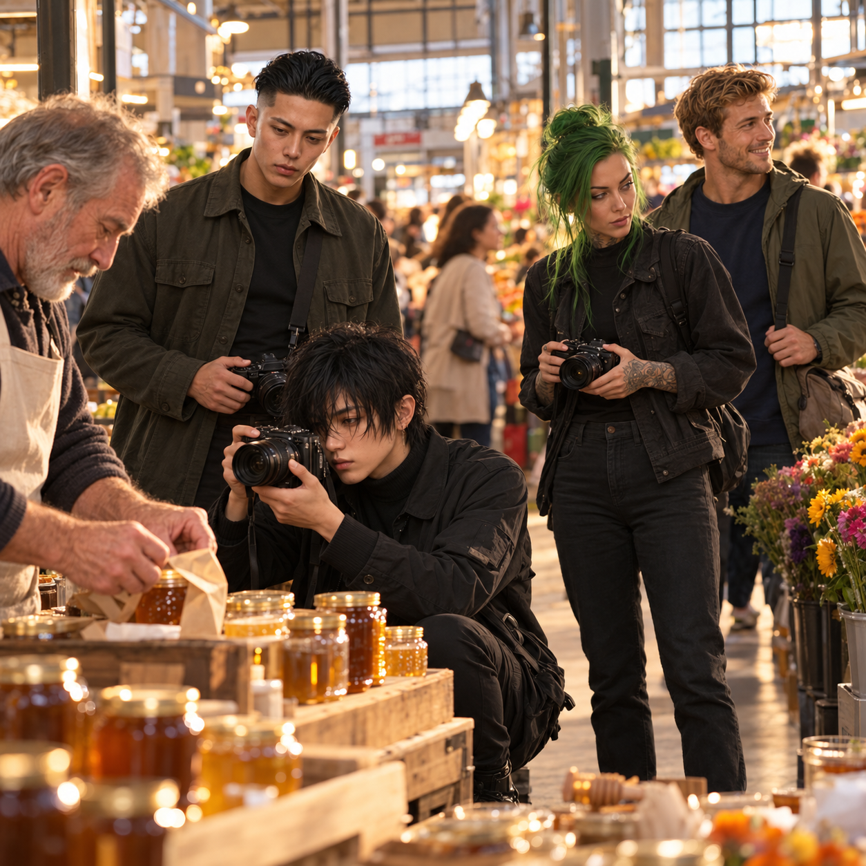 Mori photographs a honey vendor at Atwater Market while Taka, Randi, and Wes look on.