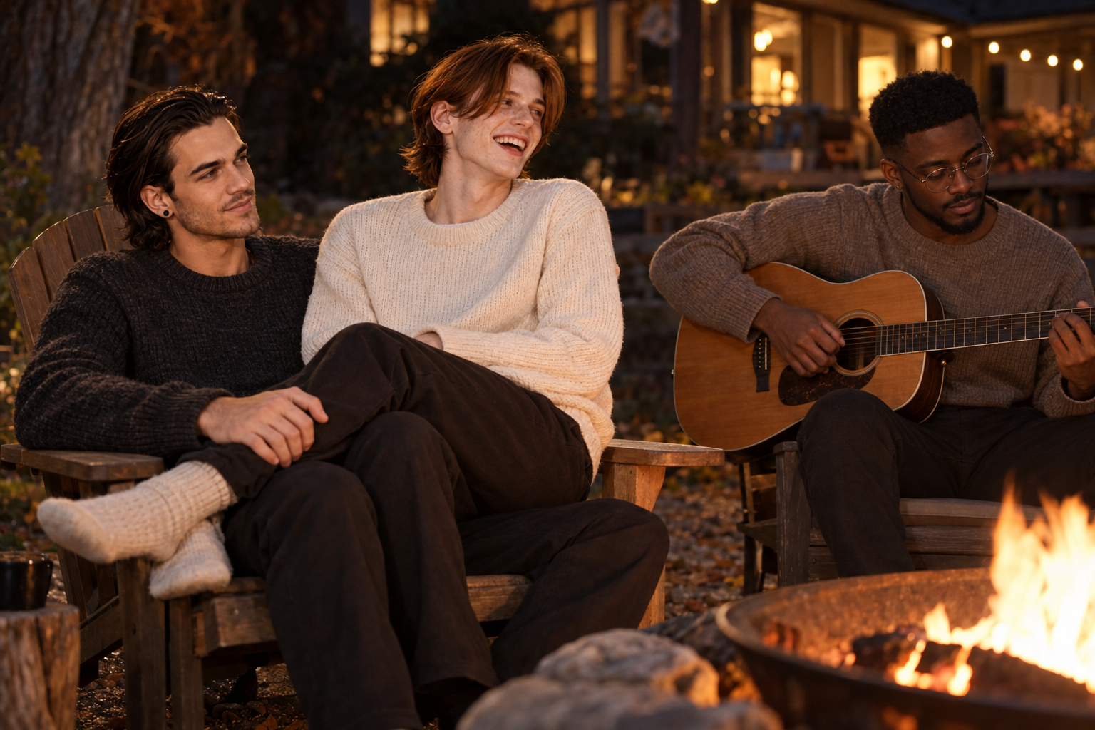 Julian and Finn share a chair beside the fire while Carlos plays guitar.