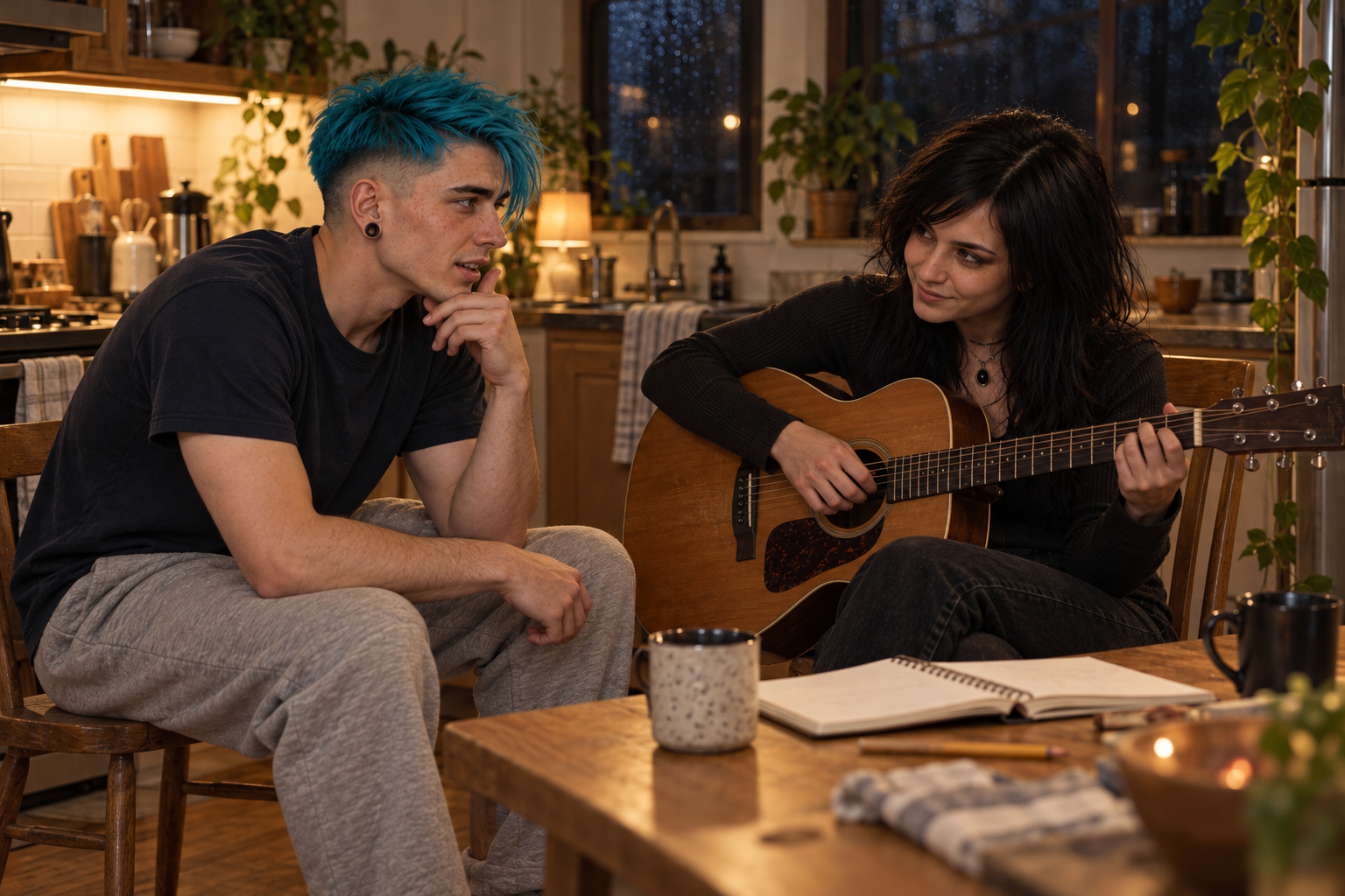 Ash pauses with her acoustic guitar in the warmly lit kitchen while N30N listens closely beside an open notebook.