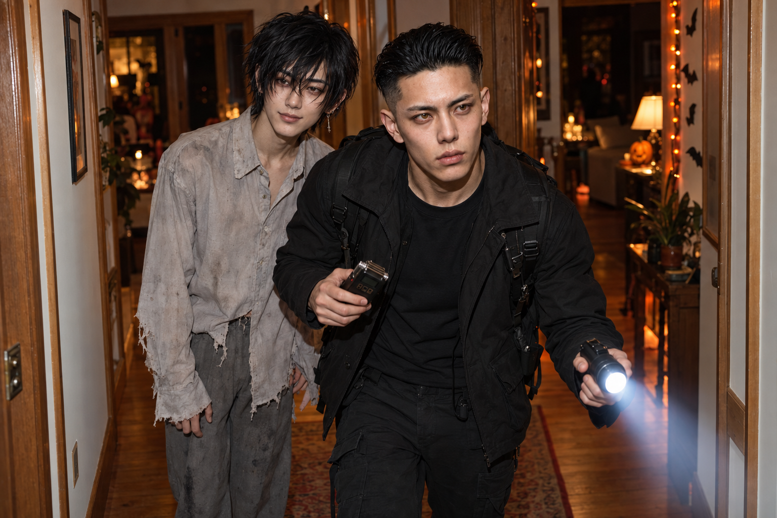 Taka investigates the hallway with a torch while apparition-costumed Mori smiles behind him.