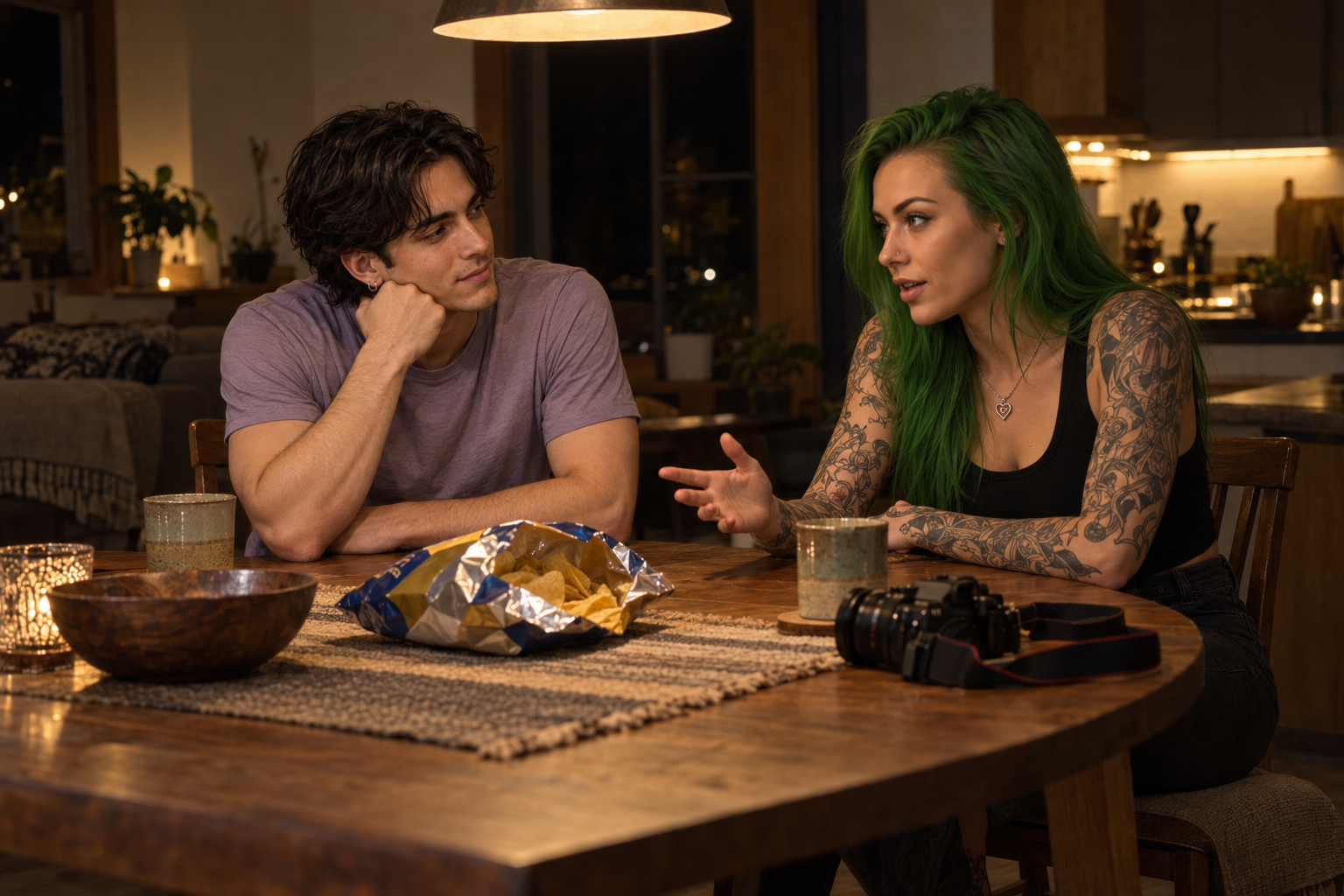 Dustin and Randi talk over a late-night bag of chips at the dining table, with her camera resting unused to one side.