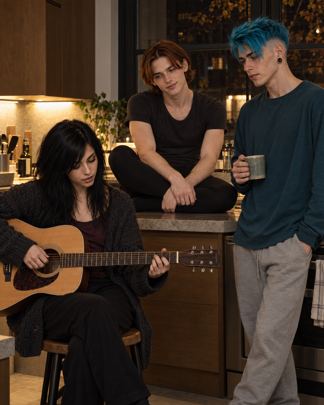 Ash plays acoustic guitar in the midnight kitchen while Finn sits on the counter and N30N listens with tea.