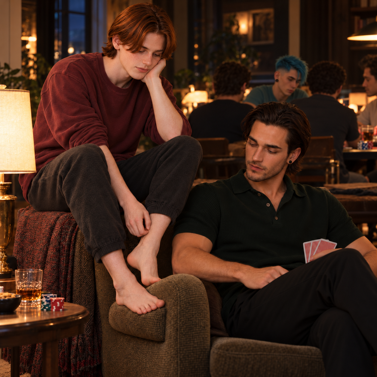 Finn rests on the arm of Julian’s chair while N30N plays poker at the table behind them.