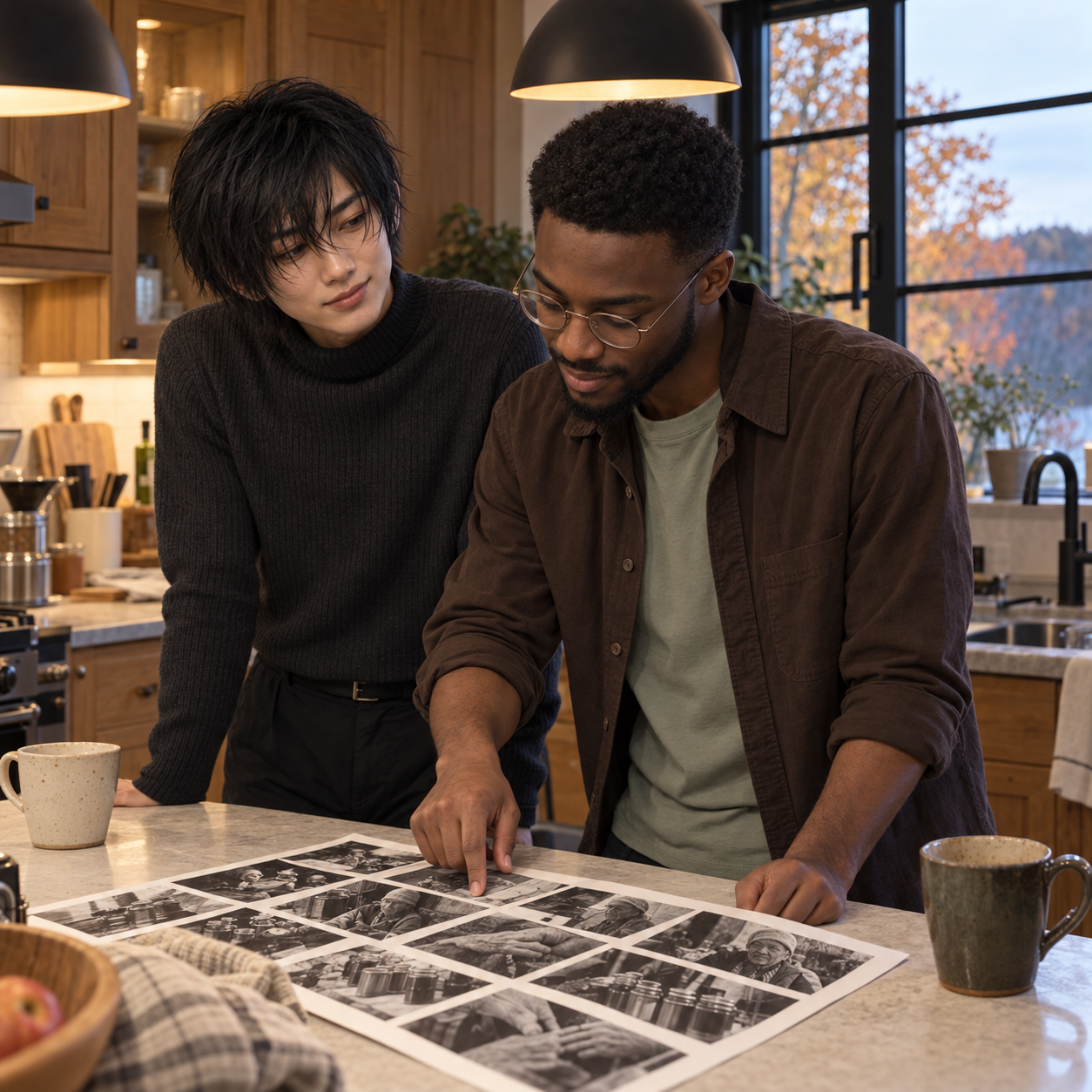 Carlos reviews Mori's honey-vendor contact sheet at the kitchen counter.