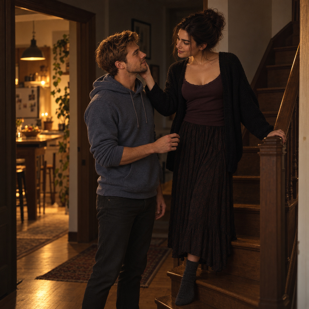 In a dark staircase hallway just after their kiss, Eva stands one step above Wes with her hand at his jaw and his hand half raised.
