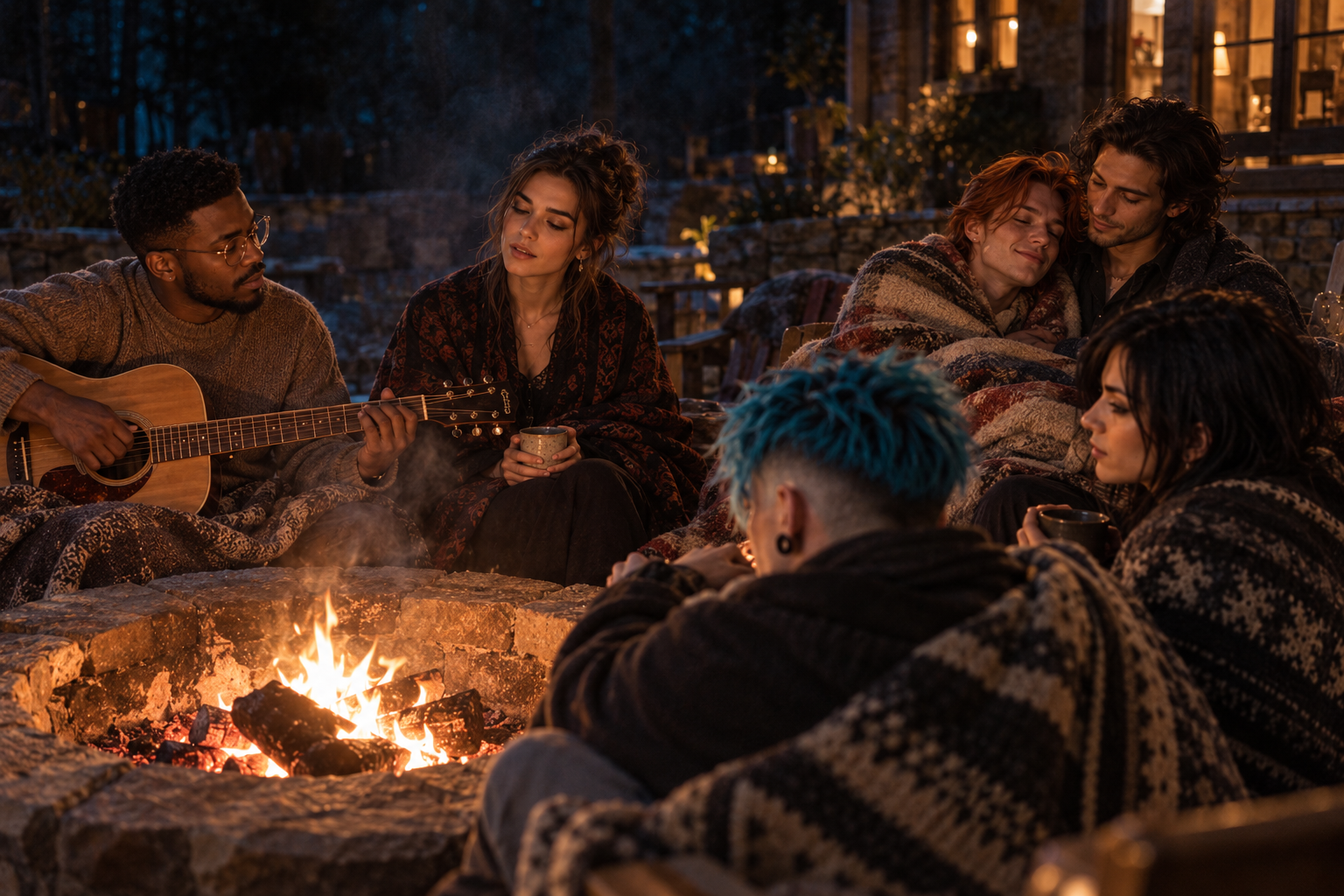 Carlos plays guitar and Eva sings beside a fire pit while Julian and Finn share a blanket and N30N and Ash listen.