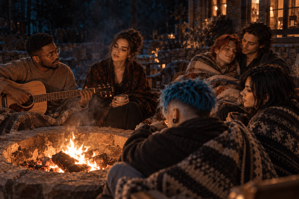 Carlos plays guitar and Eva sings beside a fire pit while Julian and Finn share a blanket and N30N and Ash listen.