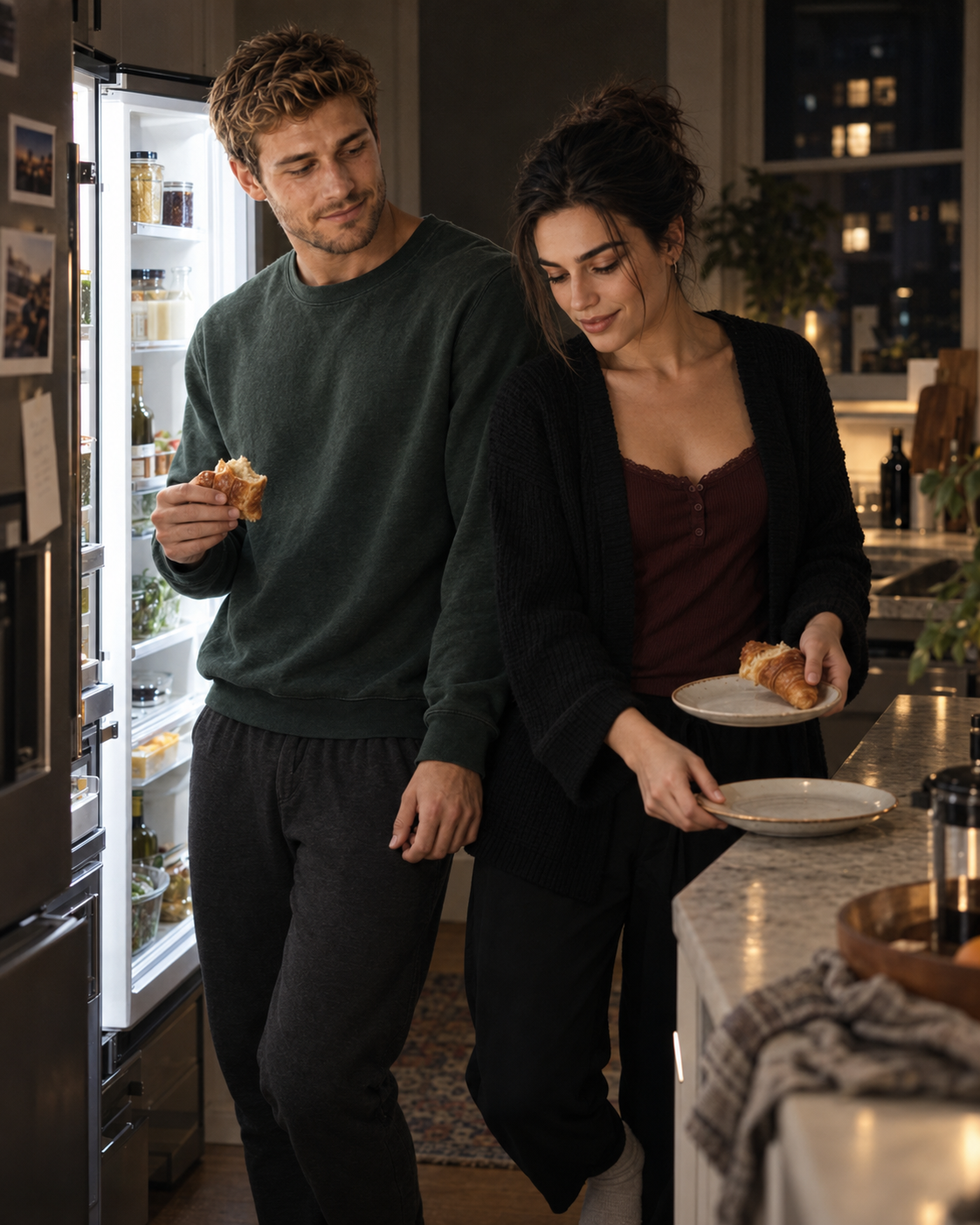 Eva and Wes share imperfect croissants shoulder to shoulder in the refrigerator light late at night.