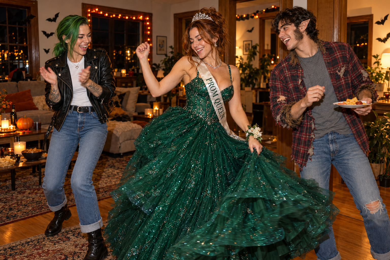 RJ dances in her emerald gown while Randi claps and Dustin laughs with his snack plate.