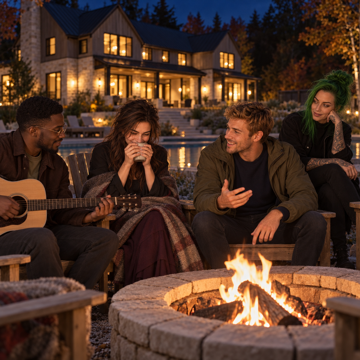 Carlos plays guitar while Wes tells a story, Eva laughs behind her mug, and Randi watches at the fire pit.