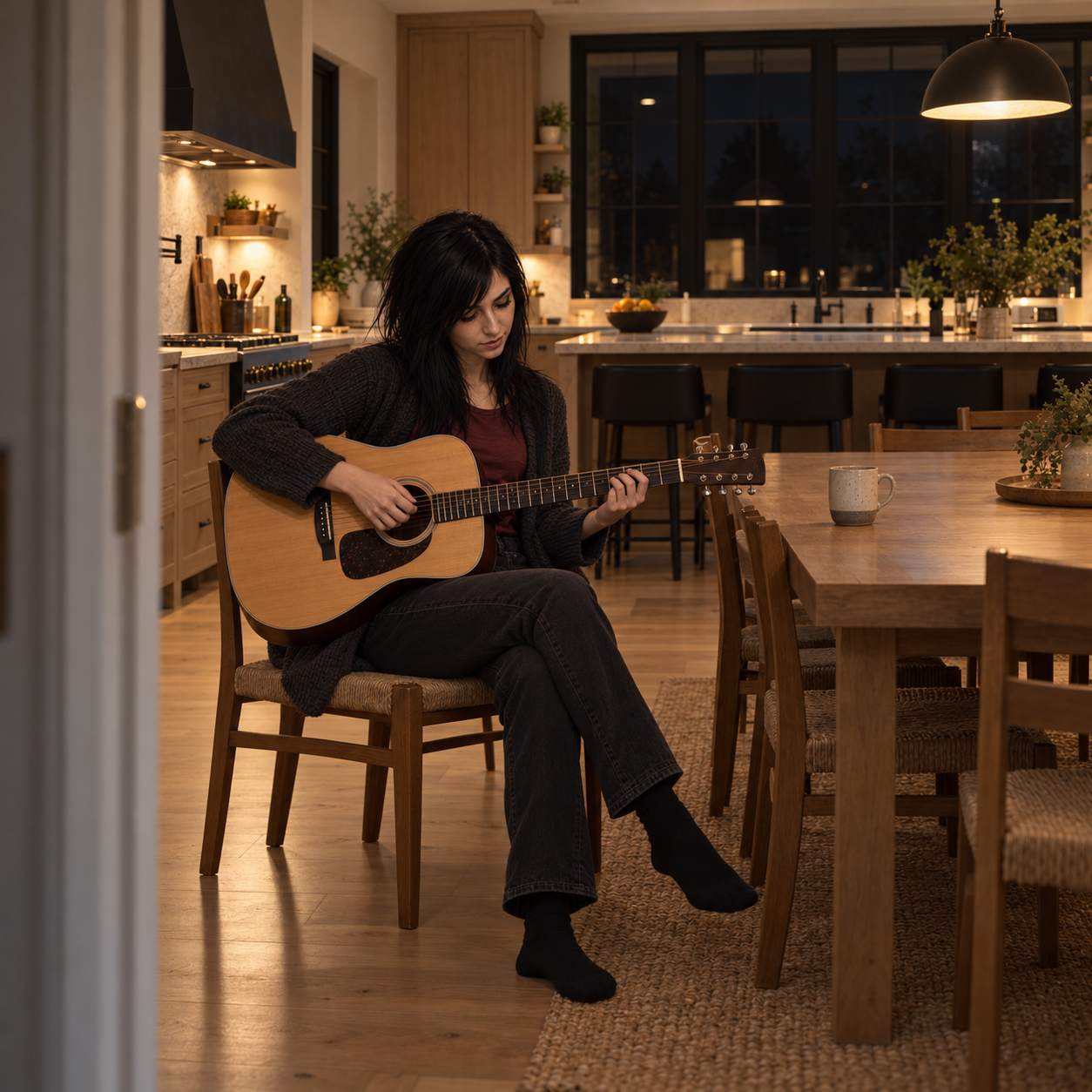 Ash quietly plays acoustic guitar in the kitchen late at night.