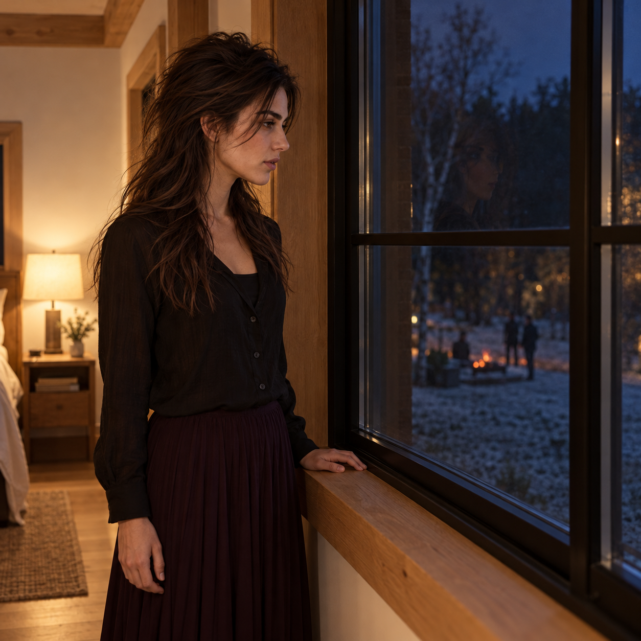 Eva looks out of her upstairs bedroom window toward the last firelight.