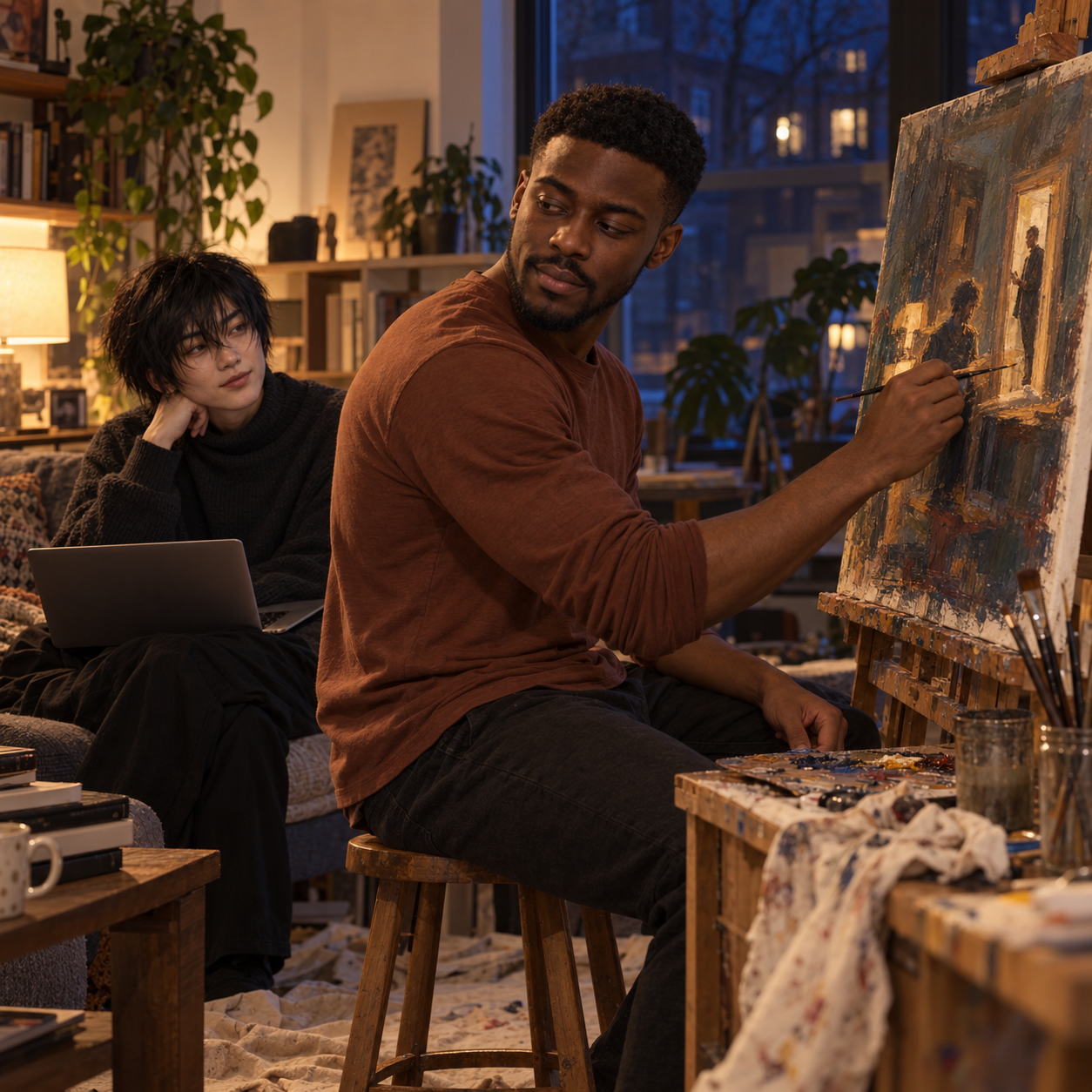 Carlos paints a second figure in a doorway while Mori looks up from their laptop.