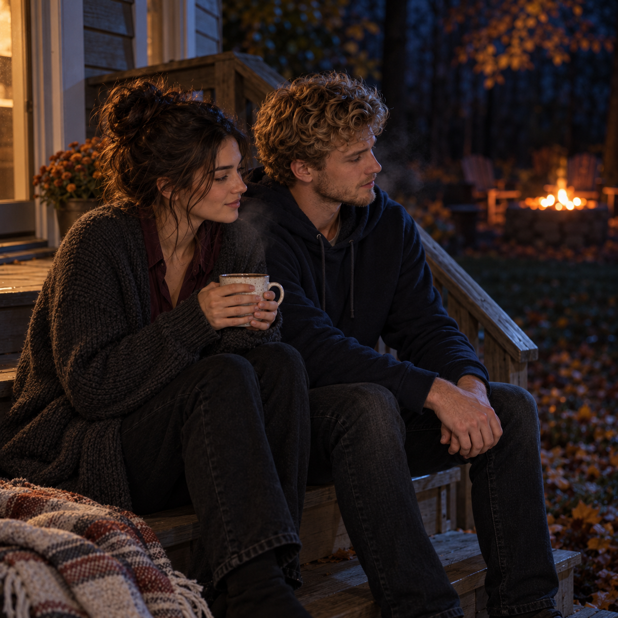 Eva and Wes sit shoulder to shoulder on the porch steps beside the firelit yard.