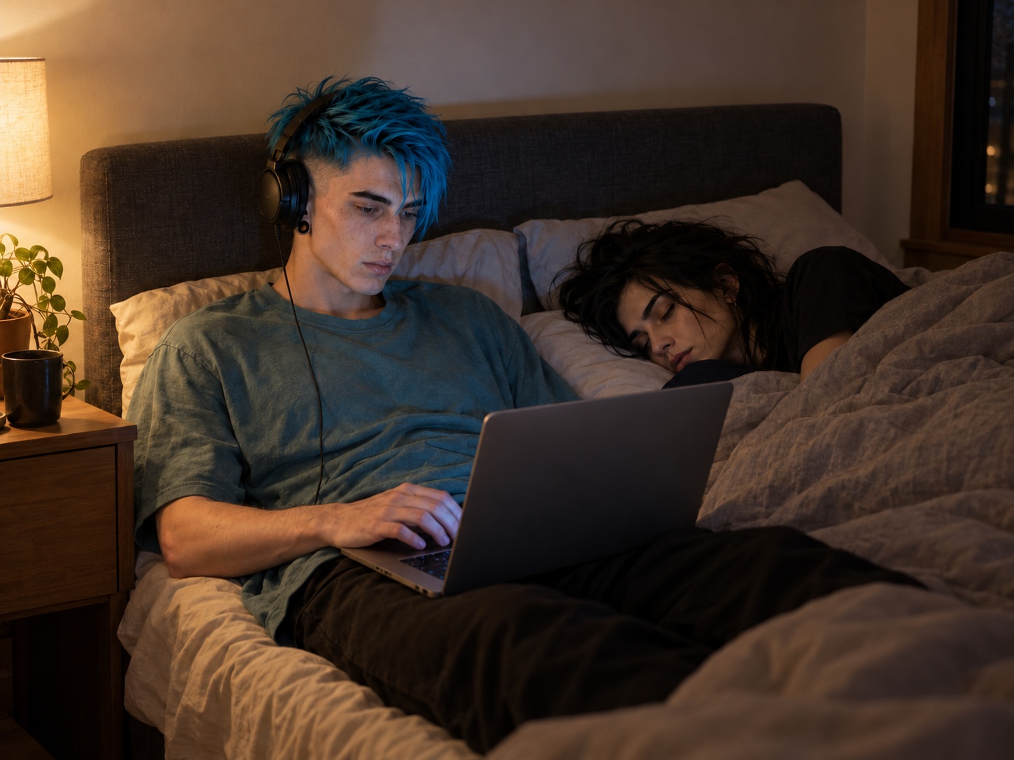 N30N works on his laptop with headphones while Ash sleeps beside him.