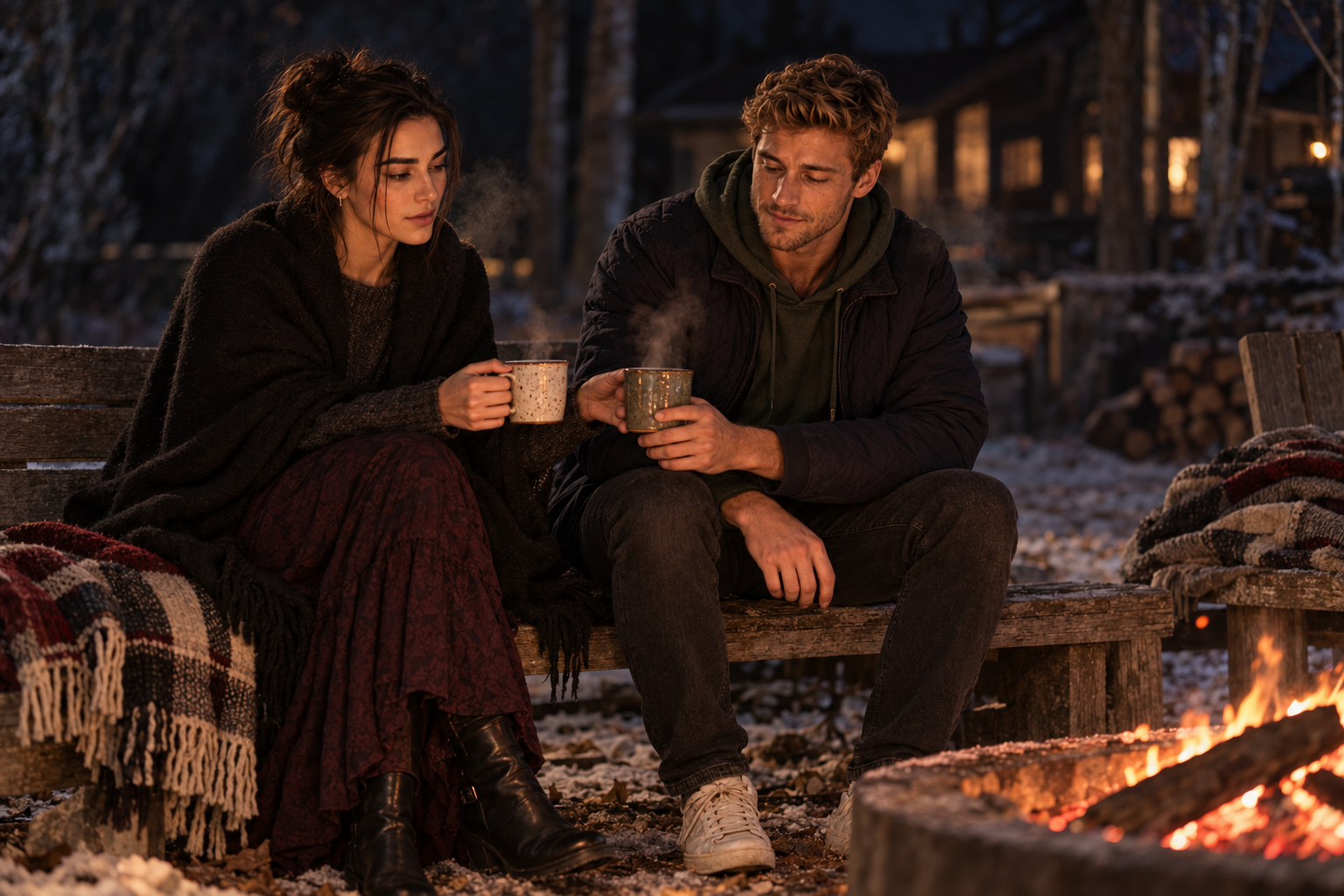Eva passes Wes a mug of tea as they sit beside the fire pit on a frosty night.