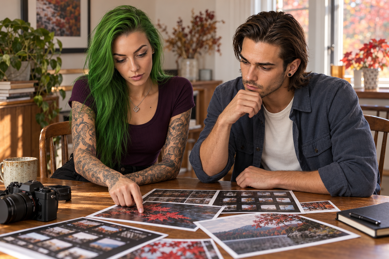 Randi and Julian examine autumn photographs together at the dining-room table.