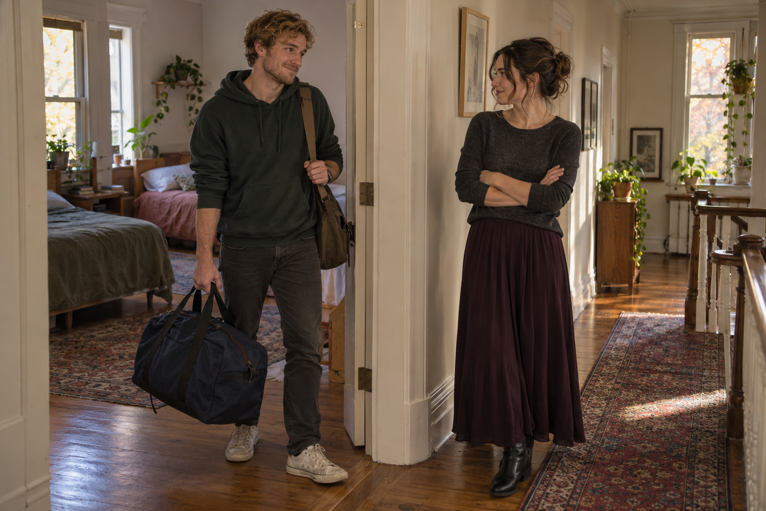 Wes carries his duffel into the shared room while Eva watches from the hallway.