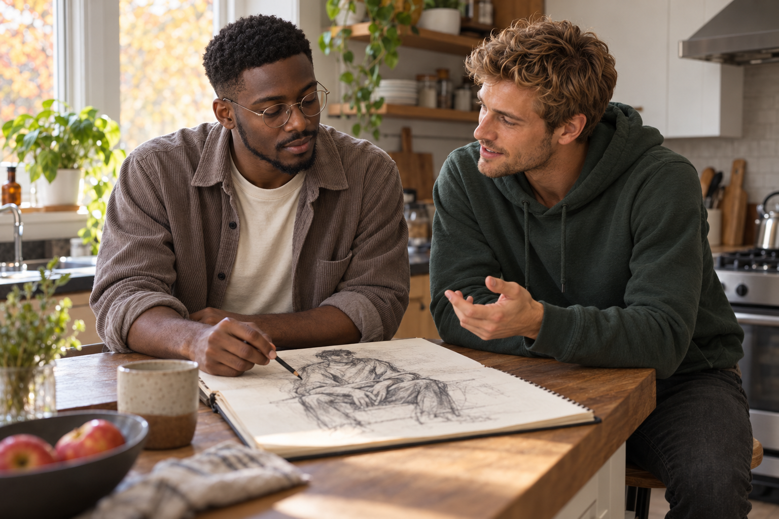 Carlos points out the hands in his figure sketch as Wes studies the drawing beside him.