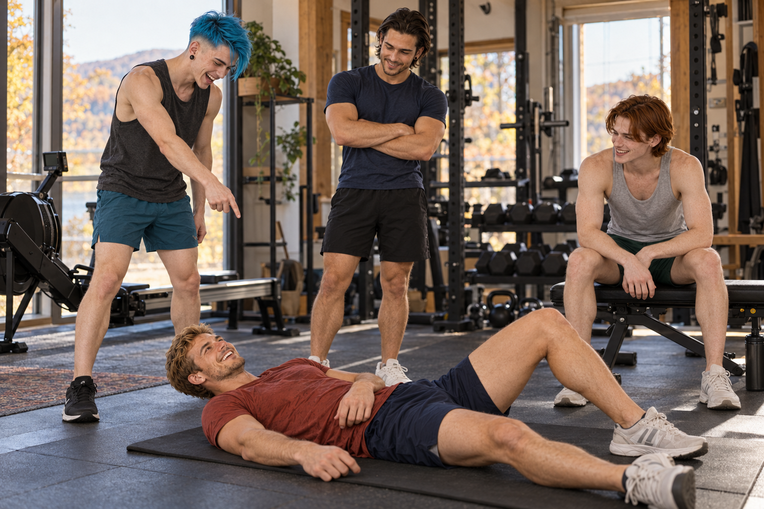 Wes laughs from the gym mat while N30N celebrates and Julian and Finn look on.