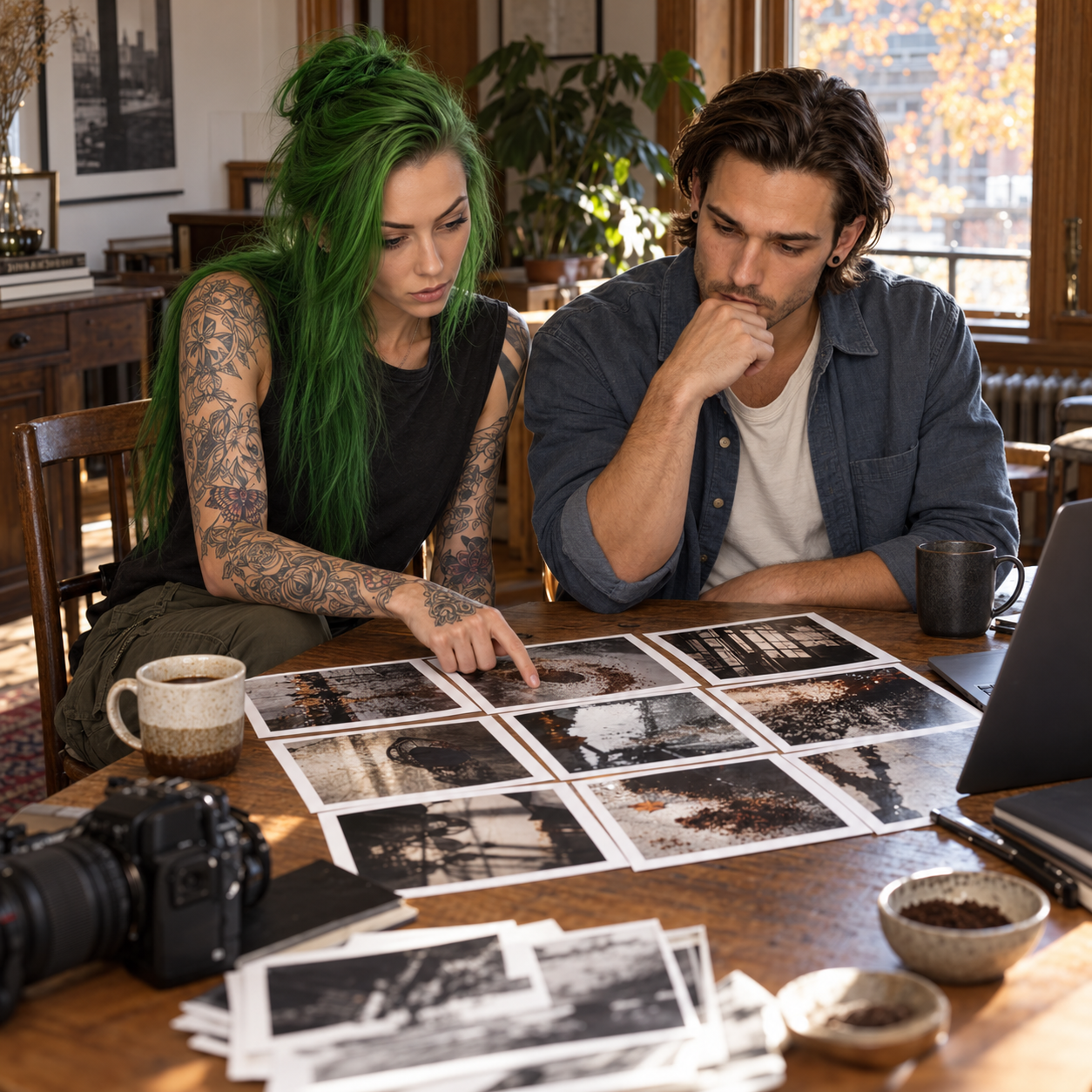 Randi and Julian review the final nine photographs at the dining table.